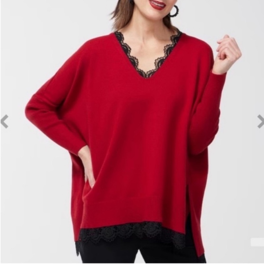 NWT Chico's Red Allure Poncho Sweater with Black Lace Trim Oversized Size XXS/XS
